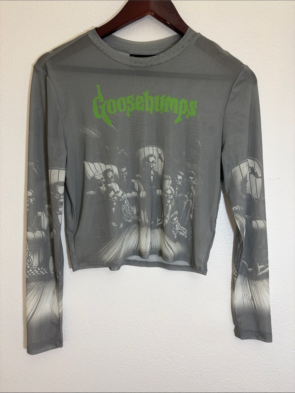 Goosebumps Gray Long-Sleeve Graphic Mesh Halloween Top
